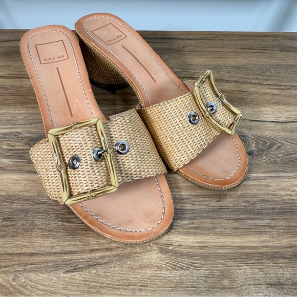Dolce Vita Elegant Tan Raffia Woven Slide Block Heel Sandals - Picture 3 of 7